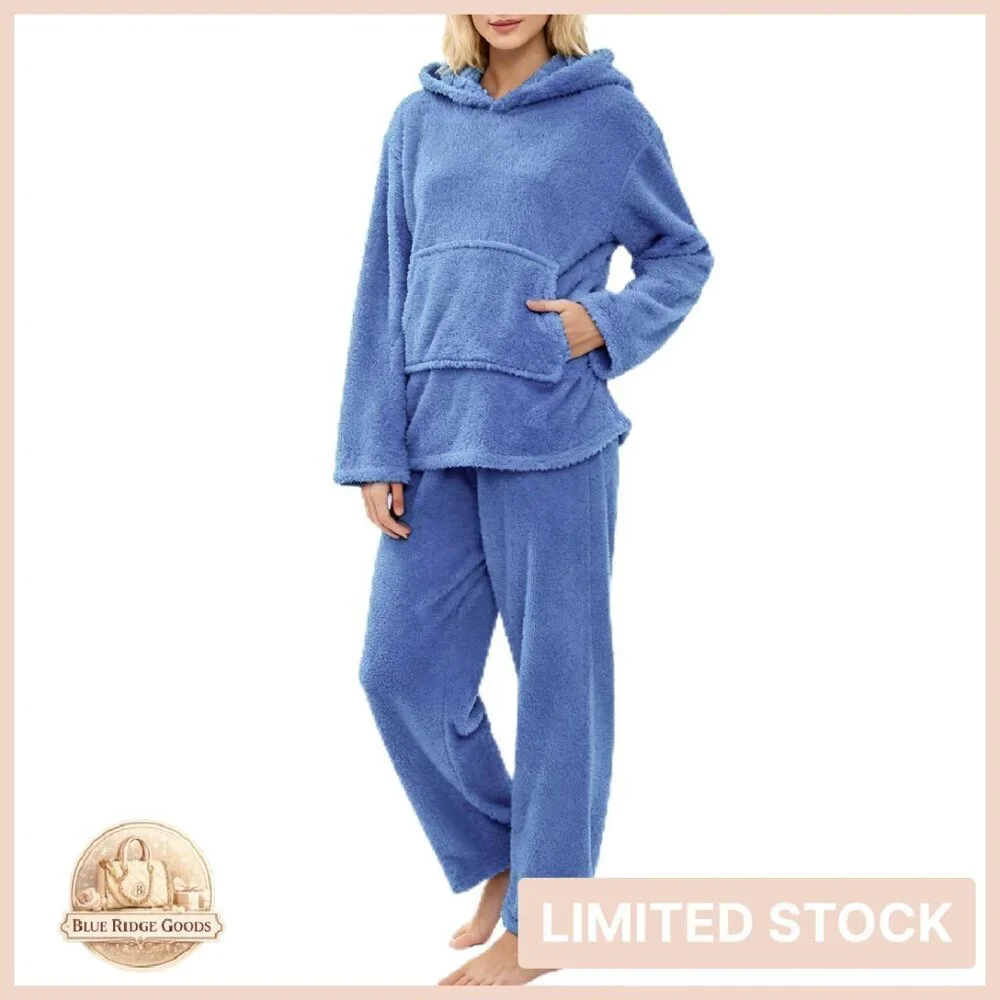 Sherpa Fleece Pullover Hoodie Pajama Set Cozy Winter Loungewear Thermal